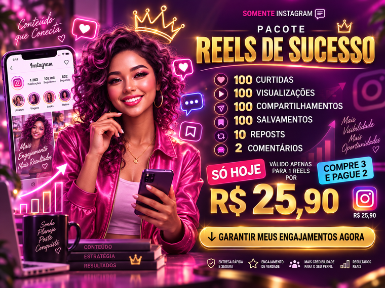 Reels de Sucesso: pacote completo de engajamento por R$ 25,90